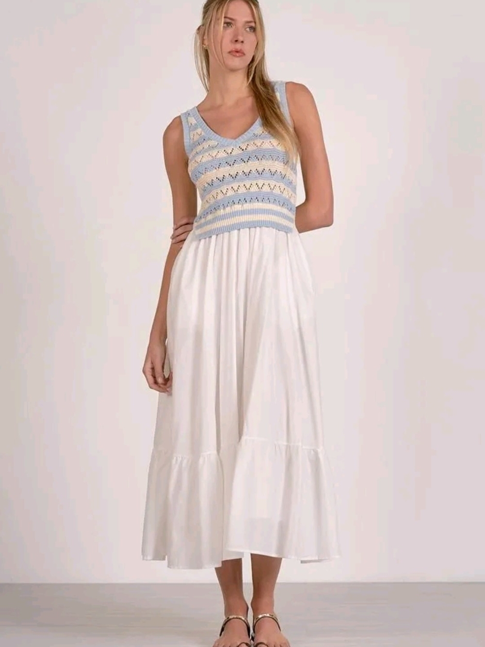 Elan White Maxi Dress with Pastel Knit Bodice